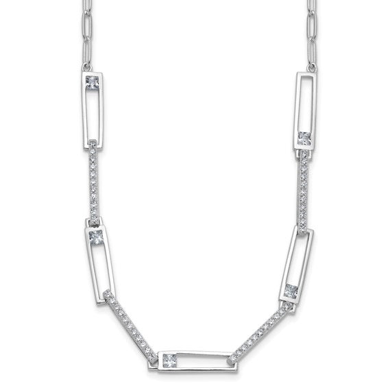 Sterling Silver Rhodium Plated Fancy CZ Paperclip Link Necklace