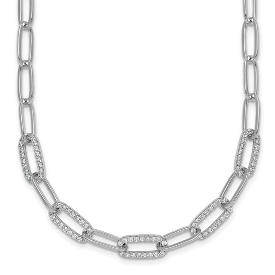 Sterling Silver Rhodium-plated Fancy CZ Paperclip Chain Necklace