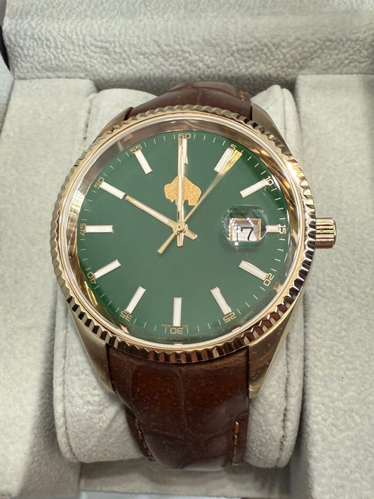Gold Tone Dial Men's Leather Band Golden Buffalo Watch with Green Dial