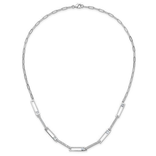 Sterling Silver Rhodium Plated Fancy CZ Paperclip Link Necklace
