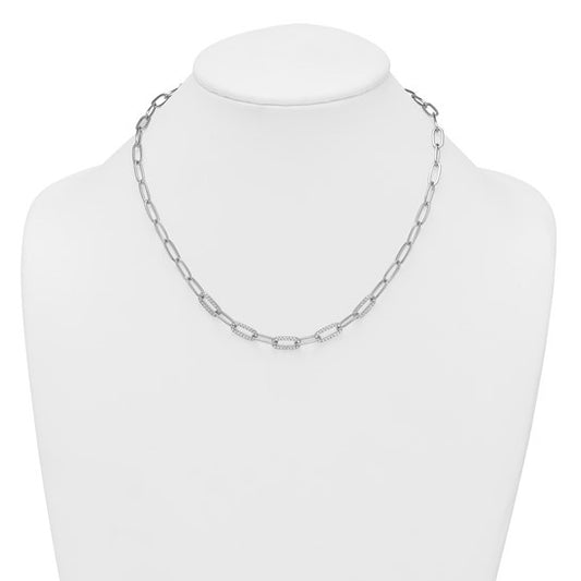 Sterling Silver Rhodium-plated  Fancy CZ Paperclip Chain Necklace